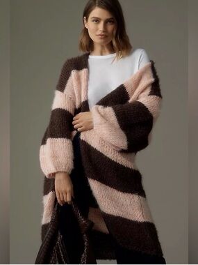 Anthropologie Striped Oversized Eyelash Duster Cardigan Sweater Pink Brown OS